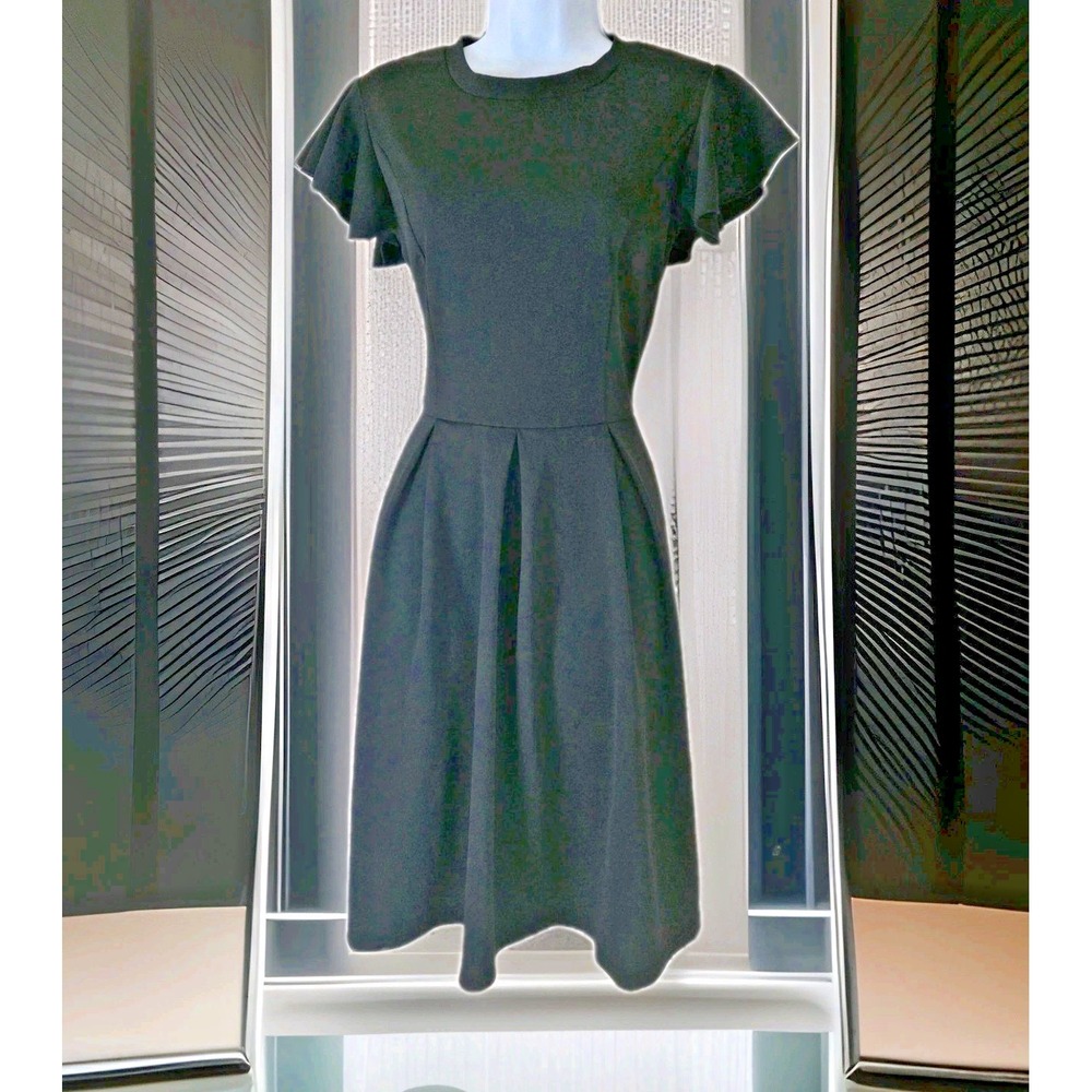 Oxiuly Fit n Flare Dress S Black‎ Crew Neck Flutter Sleeve Pleated Pockets Zip